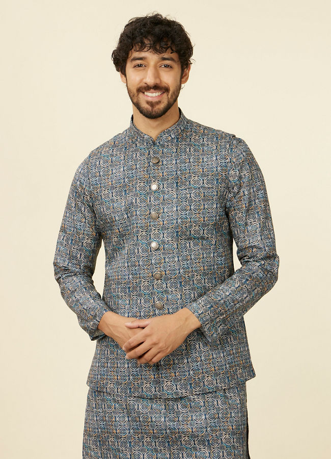 alt message - Manyavar Men Dark Blue Self Patterned Nehru Jacket image number 0